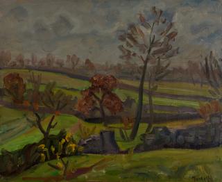 Trieste Area Landscape with Fog — Oil painting, Fiberboard, 38.00×46.00cm — Theodoros Markellos